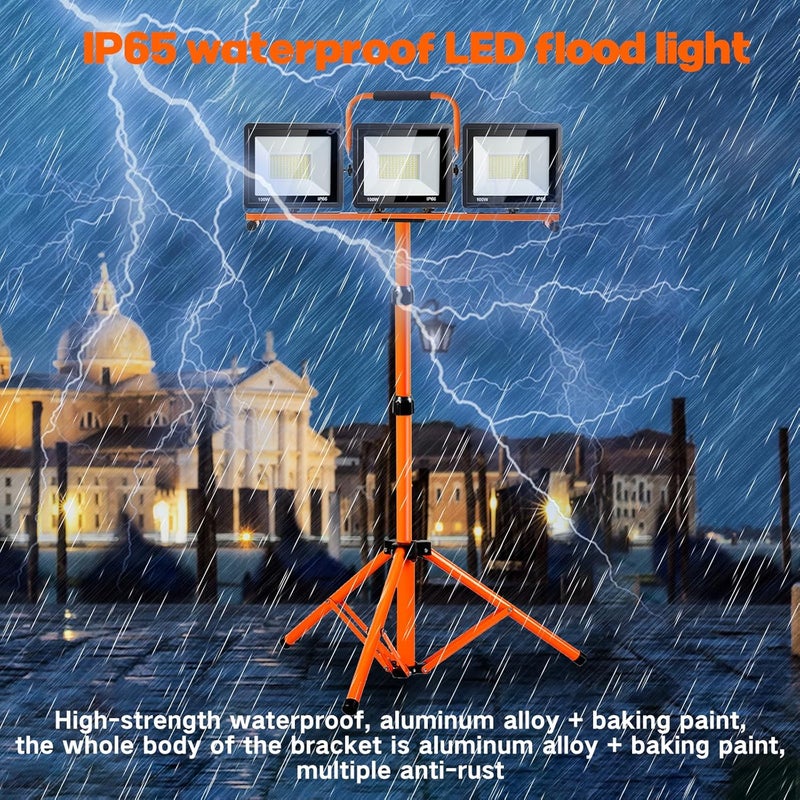 GUWELL 22000 Lumen Work Lights with Stand, 3 Head Portable LED Work Light, with Adjustable&Foldable Tripod Stand, IP66 Waterproof Lamp for Outdoor Indoor Job Site Workshop Garage Construction Site Lighting - Image 3